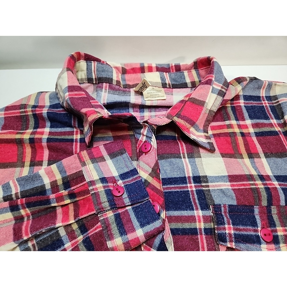 Passport Womens Flannel Shirt Medium Plaid Button‎ Up Long Sleeve Red Blue White